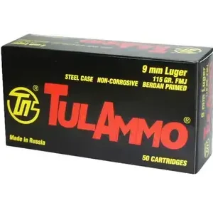 TulAmmo 9mm 115gr, FMJ, Range and Practice, Steel Case, 50rd Box