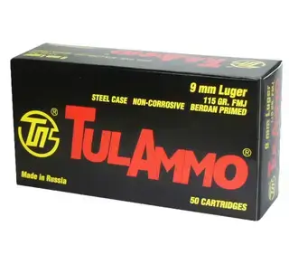 TulAmmo 9mm 115gr, FMJ, Range and Practice, Steel Case, 50rd Box